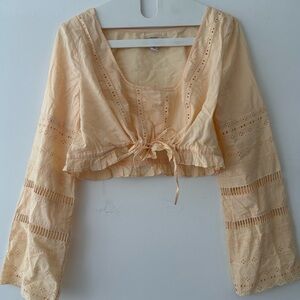 NWOT eyelet crop blouse ruffle trim drawstring crop cotton long sleeve boho top